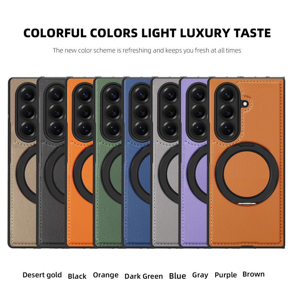 KEYSION 360° Rotating Magnetic Ring Stand PU Leather Case for MagSafe for Samsung Z Fold 7 5G Wireless Charging Phone Back Cover