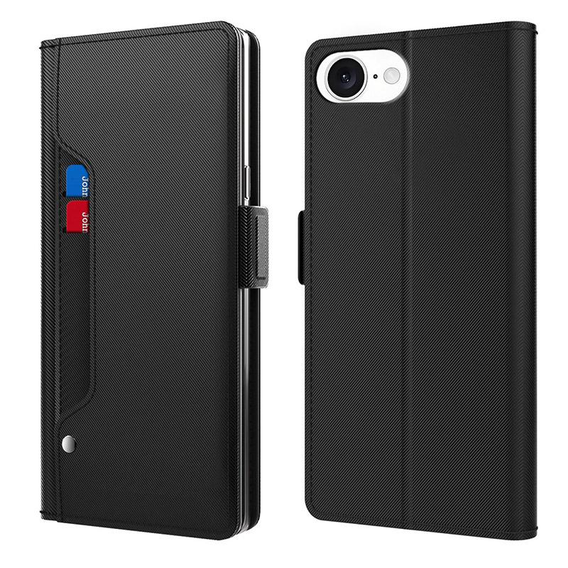 

For iPhone 16e Case Stand PU Leather Phone Cover Card Holder Mirror Black