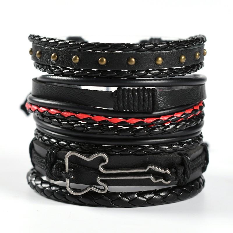 Men's Braided Leather Skull Bracelet Set with Multi-Layered Genuine Leather Bangle