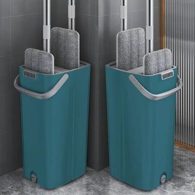 1SET Floor Mops with Bucket Thickened Wet and Dry Lazy Flat Mop Microfiber Cloth Squeeze Kitchen Bathroom Mops Floor Cleaning