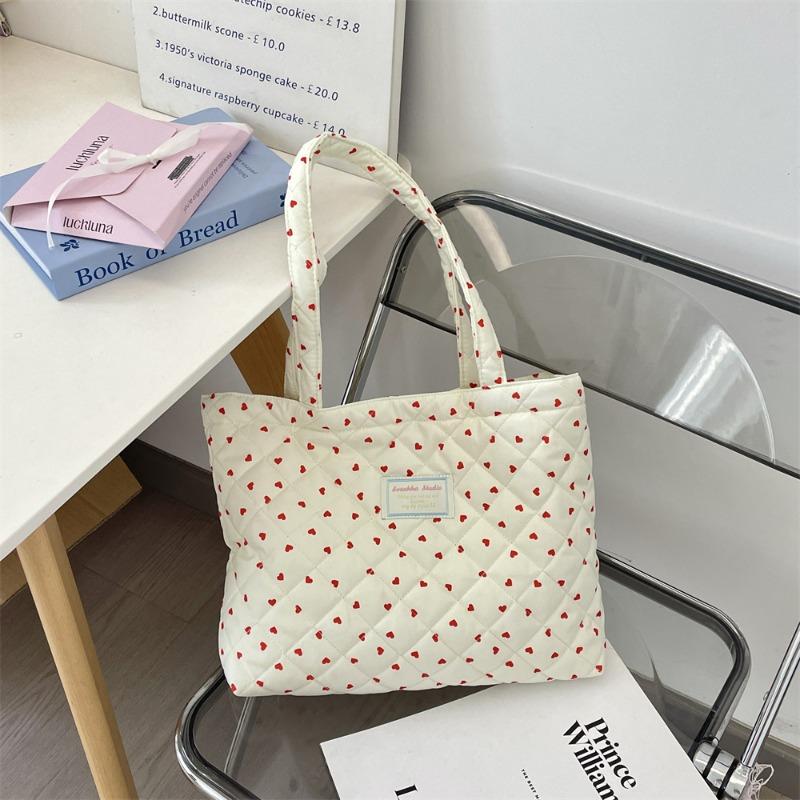 

Autumn New Quilted Padded Cotton Love Plaid Tote Bag Mommy Bag Single Shoulder Women s Large Capacity Handbag