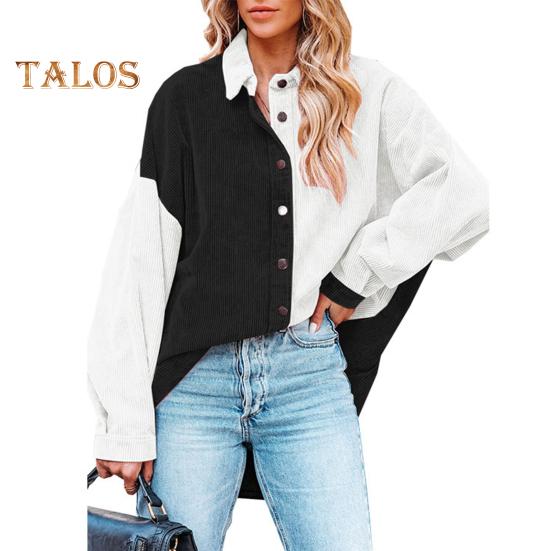 Women Corduroy Coat Lapel Long Sleeve Loose Fit Color Block Design Jacket Coat Single Breasted Casual Shirt Coat