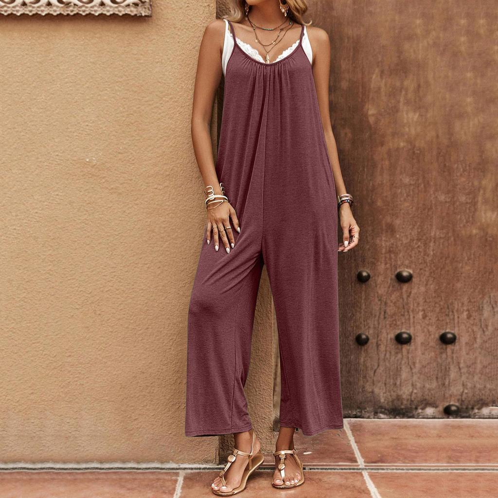 Women's Casual -Color Pleated Pocket Backless Loose Shoulder Strap Adjustable Jumpsuit