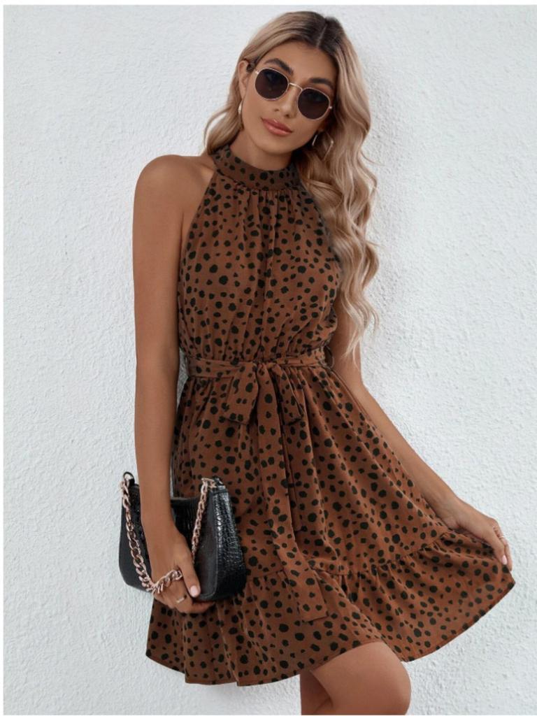 Halter Neck Round Dot Dress Lace Up Ruffle Edge Dress Sleeveless Chiffon Dresses Causal Women Dress