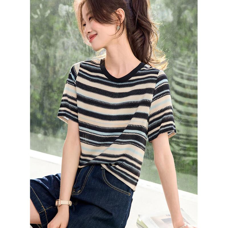 

Srcr Women s 100% Mulberry Silk Striped Short Sleeve T-Shirt L