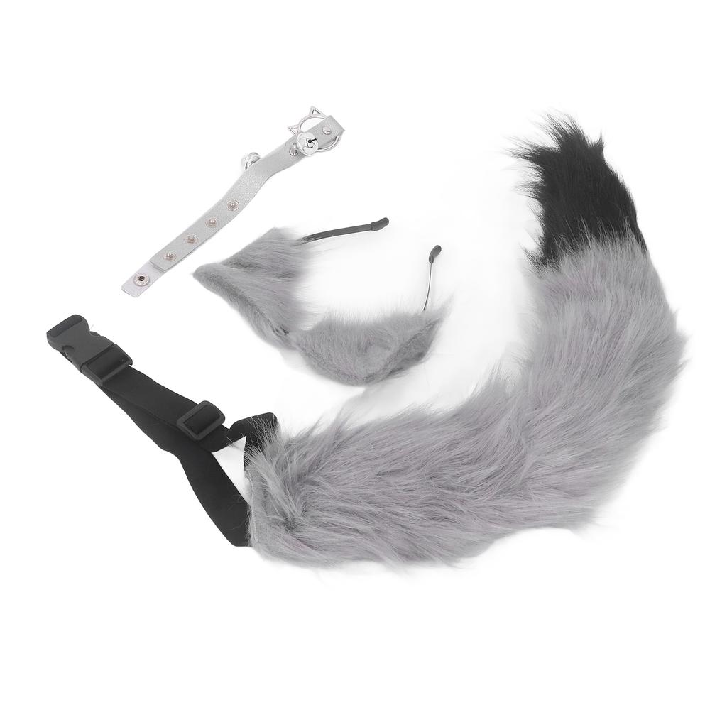 Cat Ears and Wolf Animal Tail Cosplay Costume Faux   Hair Clip Headdress Halloween Leather Neck Chocker Set Animal Cosplay Party Costume