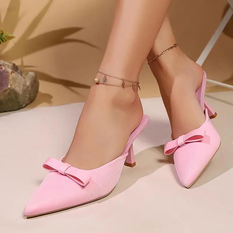 Fashion Pointed Toe Pink Bowtie High Heels Mules Shoes Woman Slip On Thin Heeled Princess Pumps Women Sweet Summer 2025 Sandals Mujer
