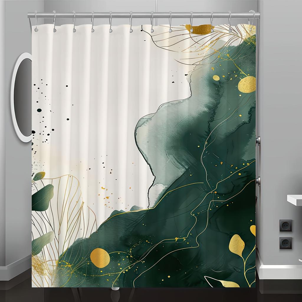 Moderner Duschvorhang mit abstraktem Blattmuster – Grün-goldenes Design, maschinenwaschbares Polyester mit Haken für die Badezimmerdekoration zu jeder Jahreszeit