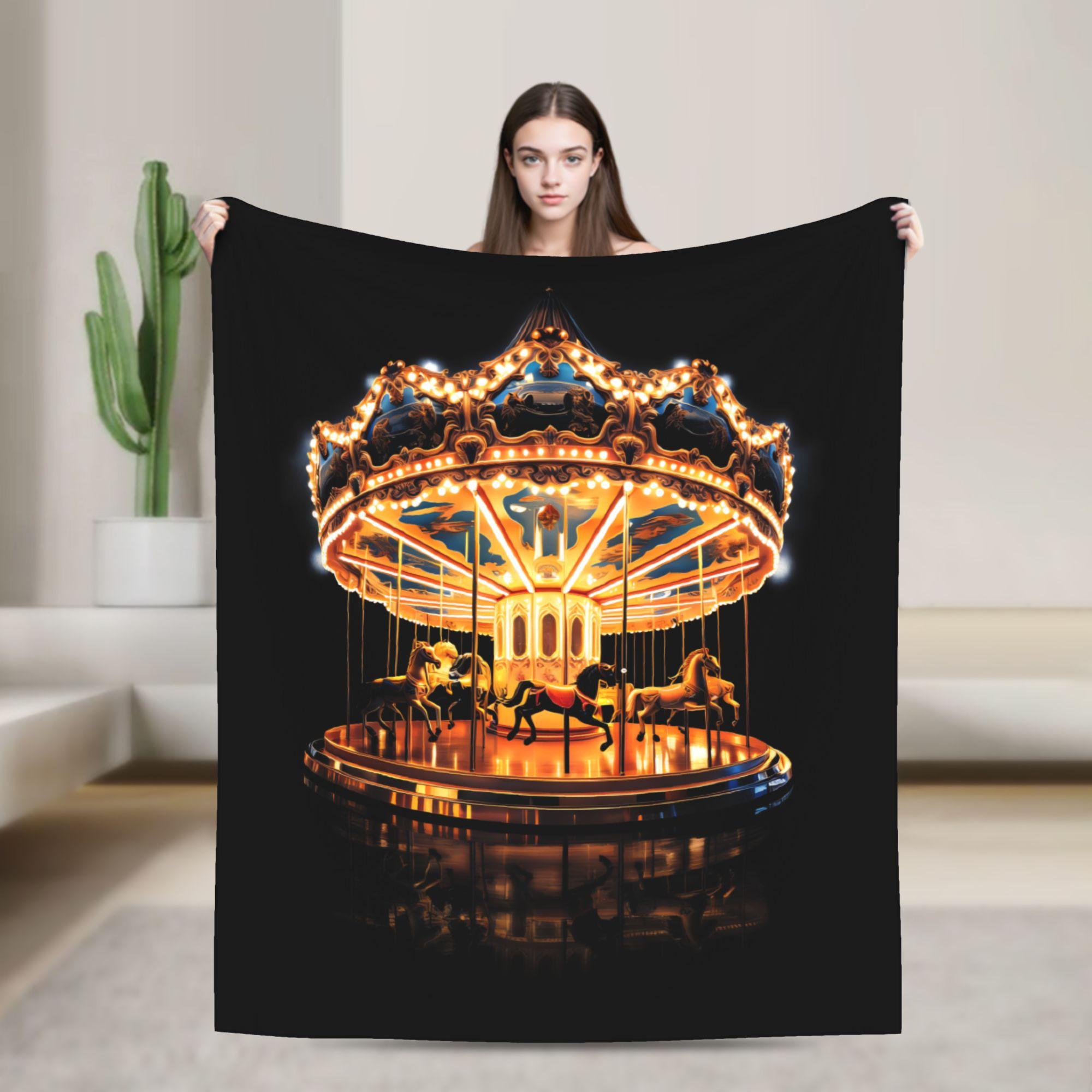 

W-WYMsss Ins Style Vintage Carousel Print(2) Super Soft Blanket Plush Throw Blanket Graphic Flannel Bedspread Sofa Bed Cover 75x90cm