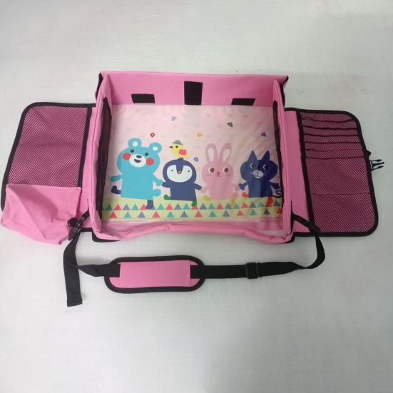 Kids Travel Tray for Car Seat Airplane Toddler Foldable Lap Tray with Water Bottle Holder Mesh Bag for Travel Activities Road Trip