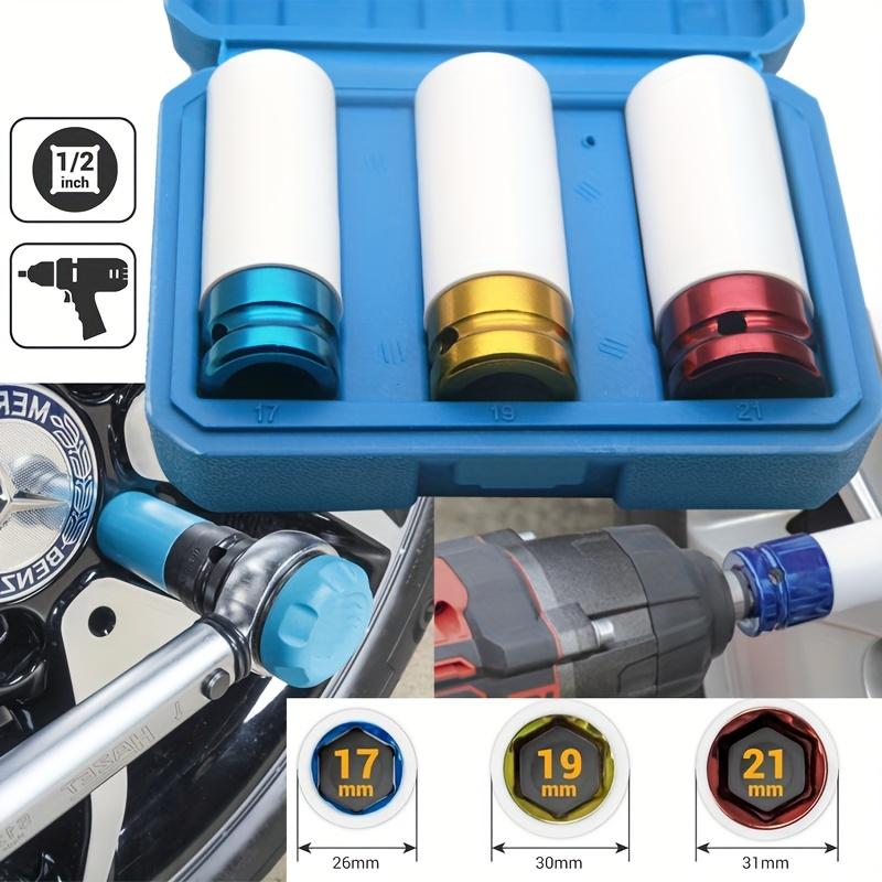 3-piece 1/2-inch Drive Impact Sleeve Set, Thin-walled Hub Nut Sleeve, Metal Deep Sleeve Set for Tire Protection
