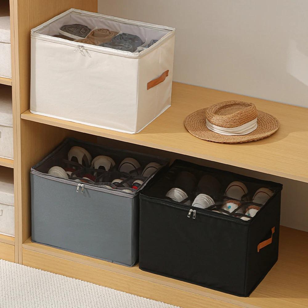 1Pcs Fabric Shoe Organizer Foldable Shoe Storage Bin with Clear Lid Shoe Storage Box Adjustable Dividers for Sneakers Loafers