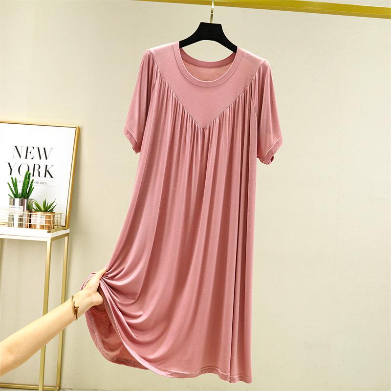 Modal Plus Size Summer Pleated Nightgown for Women – Loose, Mid-Length Home Dress