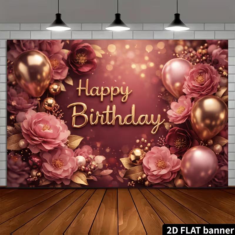 2D Floral Rose Gold Happy Birthday Backdrop Banner for Birthday Party Photography Decoration