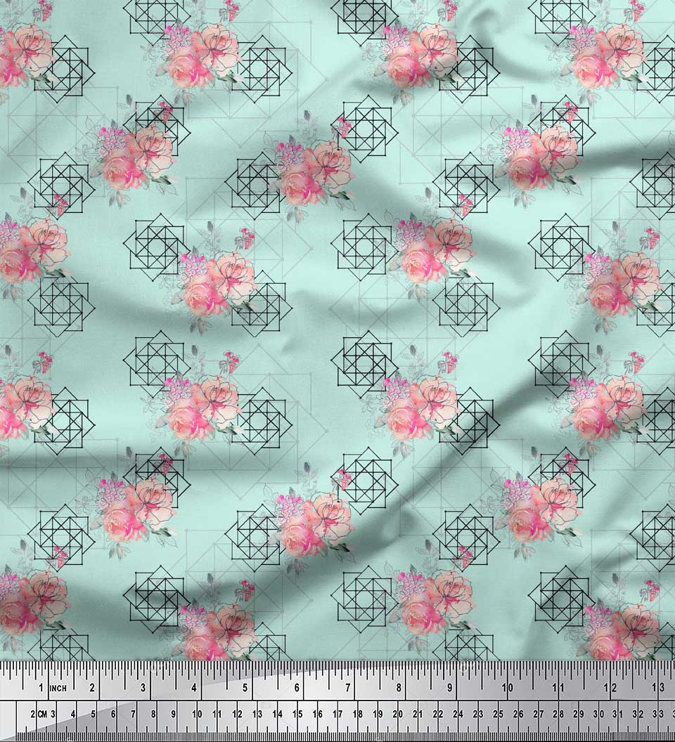 

Тканина Soimoi Blue Japan Crepe Satin Ranunculus & Geometric Print Тканина на метр 42 дюйма 42 Inch Wide - Poly Crepe зелений