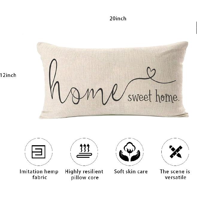 MFGNEH Home Sweet Home Quotes Farmhouse Pillow Covers 12x20 Inch,Farmhouse Decorative Lumbar Throw Pillow Case Cushion Cover,Housewarming Gift