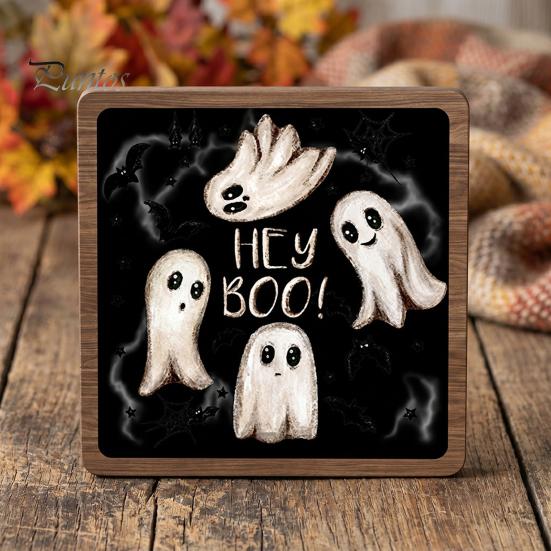 Autumn Festive Decor Halloween Wooden Table Sign, Cute Ghost Boo Plaque Sign with Rustic Fall Bathroom Metal Stand for Indoor Desk Shelf Home