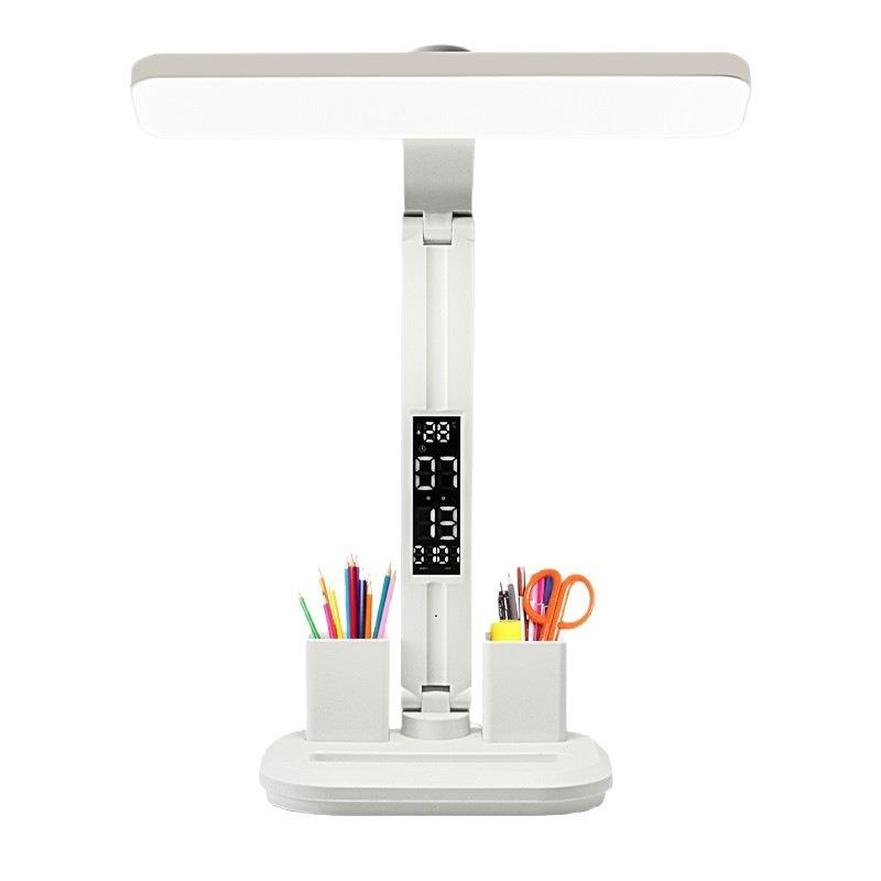 LED Desk Lamp with Digital Clock, Dimmable Eye-Caring Light with Pen Holder, USB Charging for Study, Home
