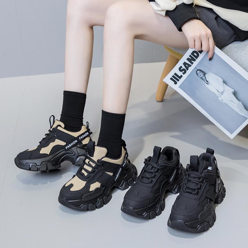 Daddy Shoes Autumn Women's Fashion Platform Black Sneakers Leather Versatile Non-slip Heightening Casual Shoes
