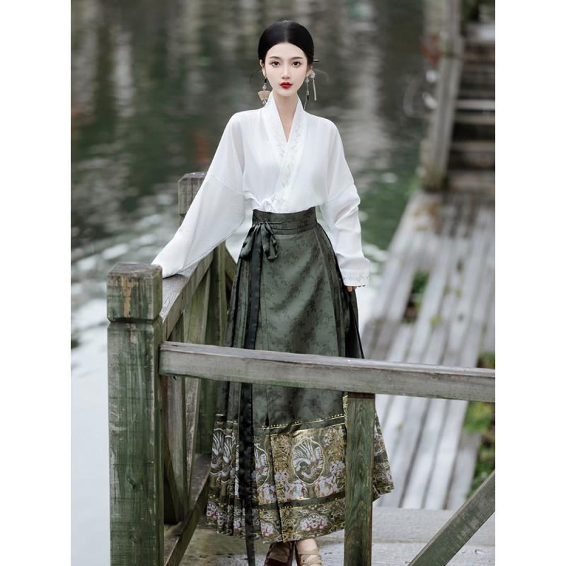 Ming Dynasty Inspired Hanfu Set Womens Embroidered Inner Collar Top Horse-Face Skirt Winter Daily Wear