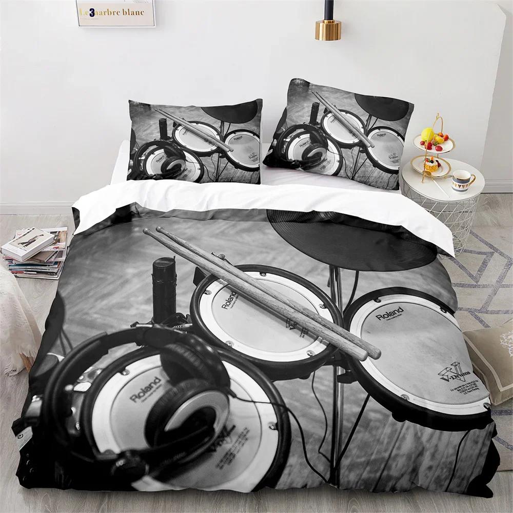 Drum Kit King Queen Duvet Cover Rock Musical Style Bedding Set For Kids Teens Adults Hip Hop Grunge 2/3Pcs Polyester Quilt Cover