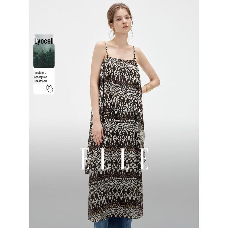 ELLE Vintage Print Tencel Linen A-line Maxi Dress L
