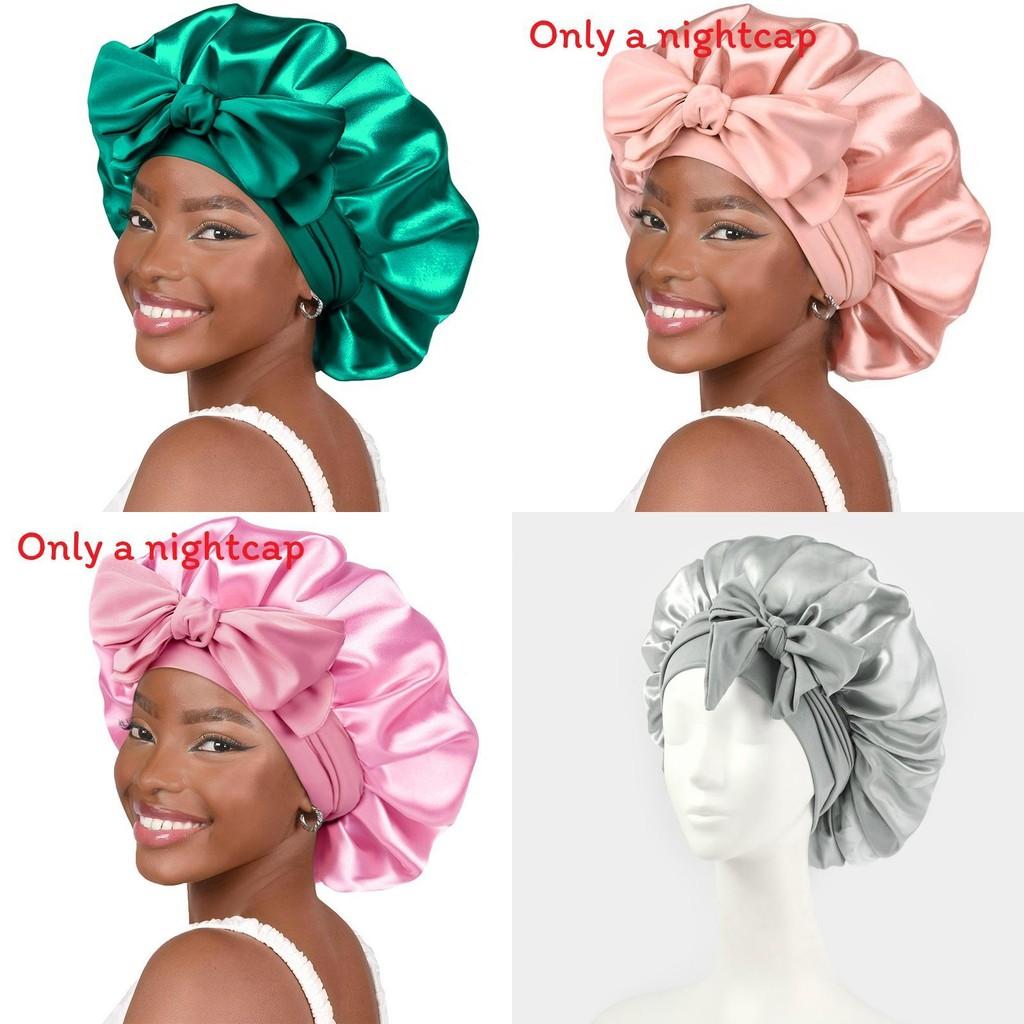 Bonnet de Nuit en Satin pour Femmes avec Nœud Papillon Lien Réglable Soin des Cheveux Bonnet de Nuit Doux en Soie