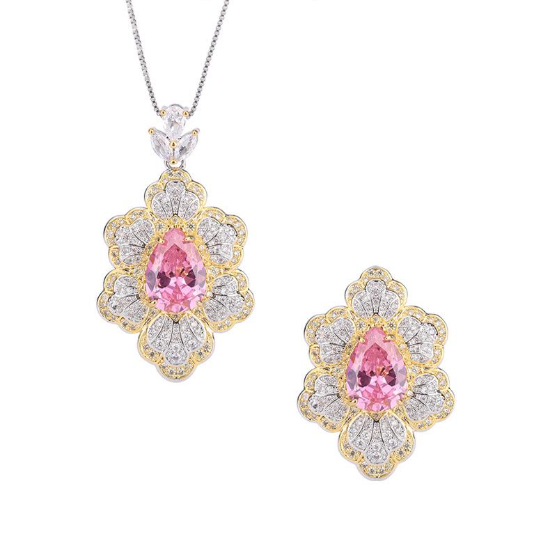 Jewelry Copper Bottom Gold-Plated Simulation Cherry Blossom Pink Diamond Creative Flower Shape Full Diamond Luxury Setting Set 10 * 14