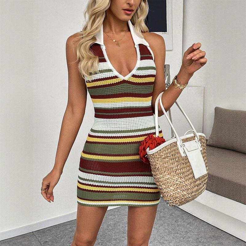

European American Summer New Vintage Stripe Halterneck Exposed Back Silm Knitting Dress Female Army Green S