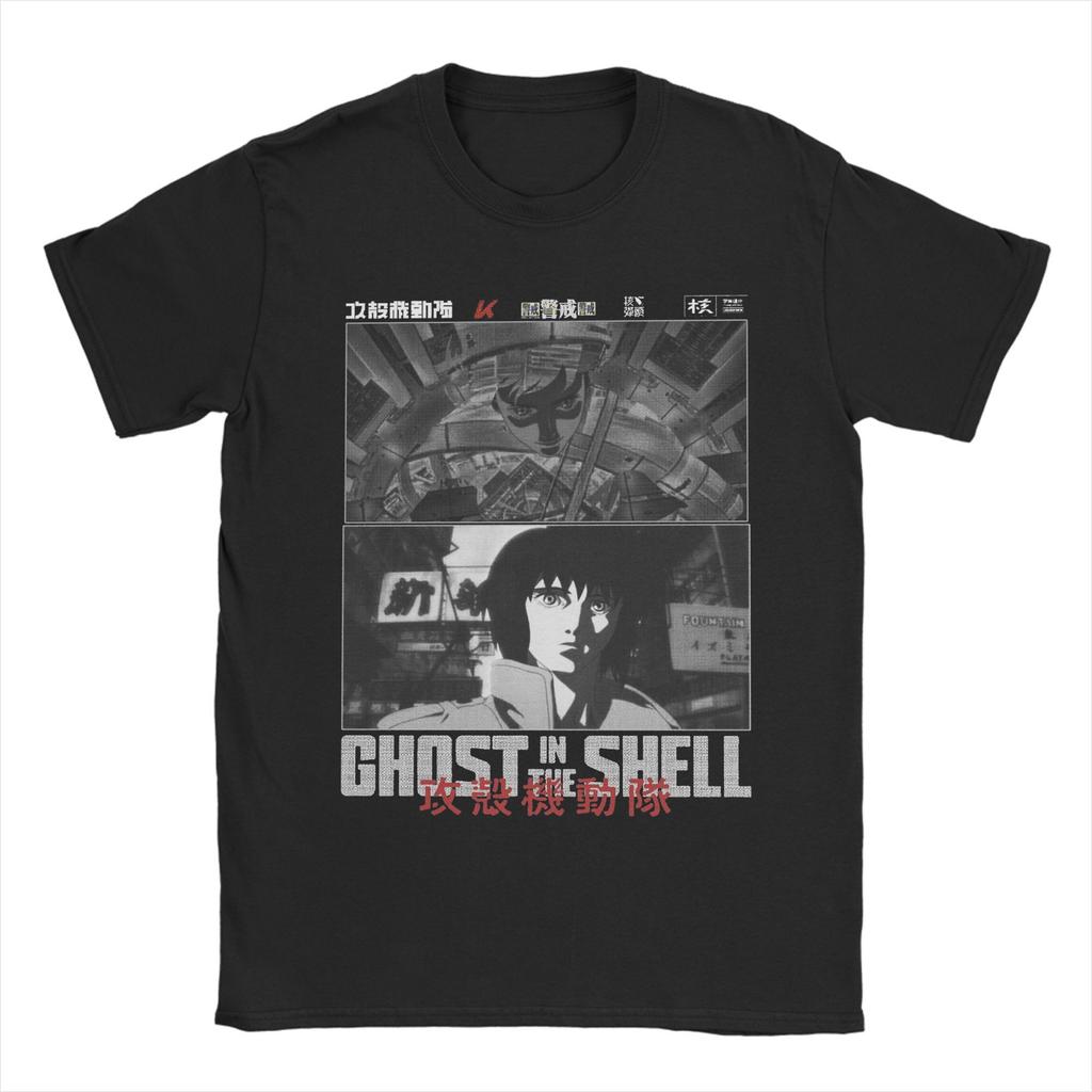 2026 Summer Ghost In the Shell Major & Japanese Text Print T-Shirt Oversized Black Streetwear Cotton Tee Anime Sci-Fi Aesthetic