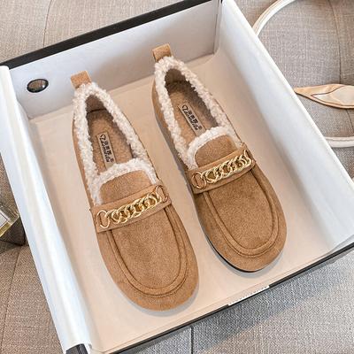 Women's Winter Outdoor Shoes Plush Warm Snow Boots Fashion Chain Design Flat Loafers Boat Shoes Oxford Shoes Large Size 41-43