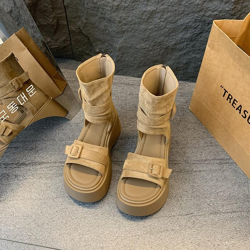 

Винтажные крутые римские ботинки на толстой подошве для женской летней коллекции 2025 года, новая модная обувь с закрытым носком, сандалии с высоким голенищем, ботильоны на молнии с увеличенной высотой 40 хаки