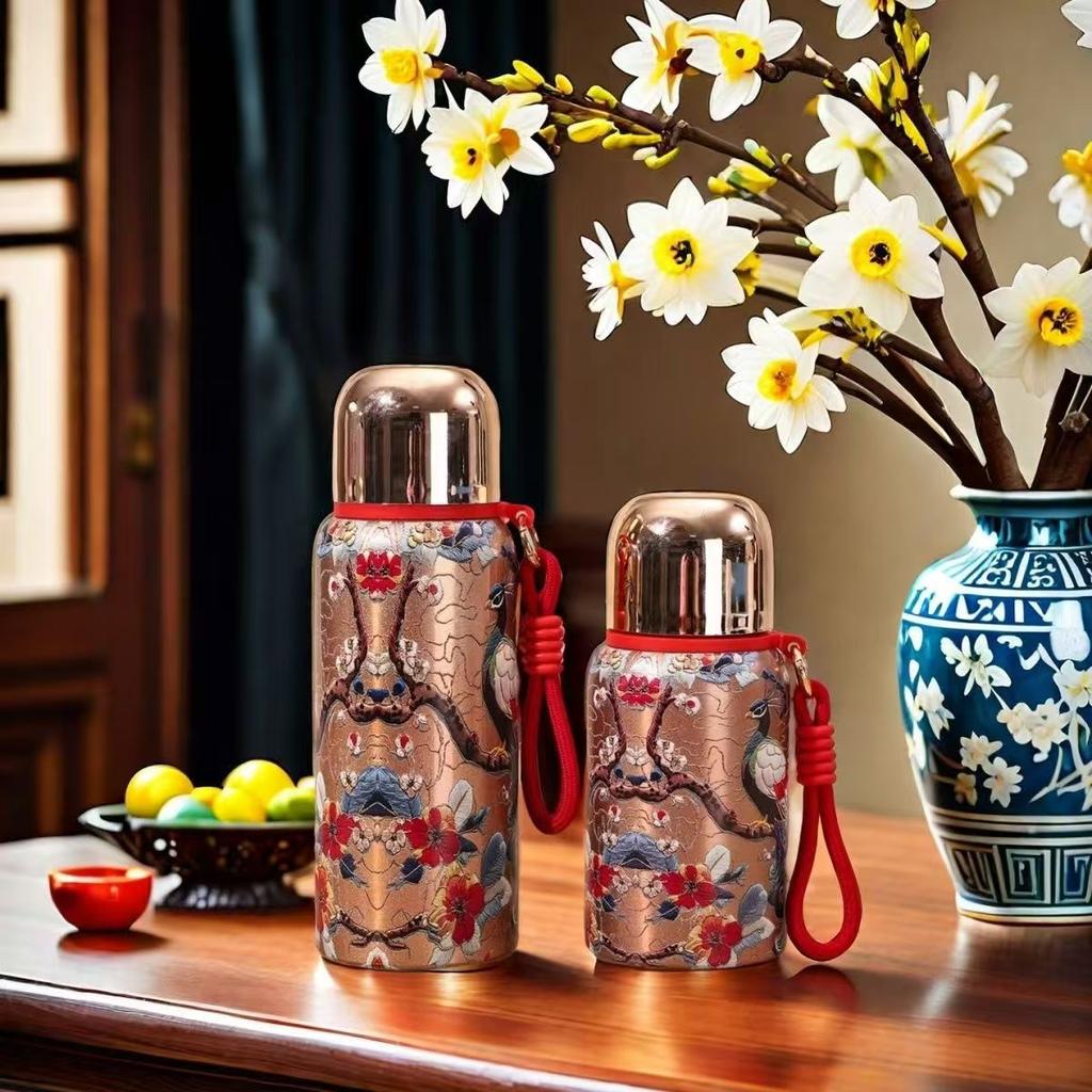 Guofeng Koi Pattern 304 Stainless Steel Thermos Cup Peacock Pattern Portable Lanyard High Value Water Cup Business Gift