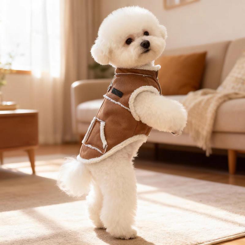 Pet Dog Winter Brown Leather Plush Coat Autumn Cat Teddy Schnauzer Thick Warm Fashion Vest Hoodie Clothes Seasonal Accessories