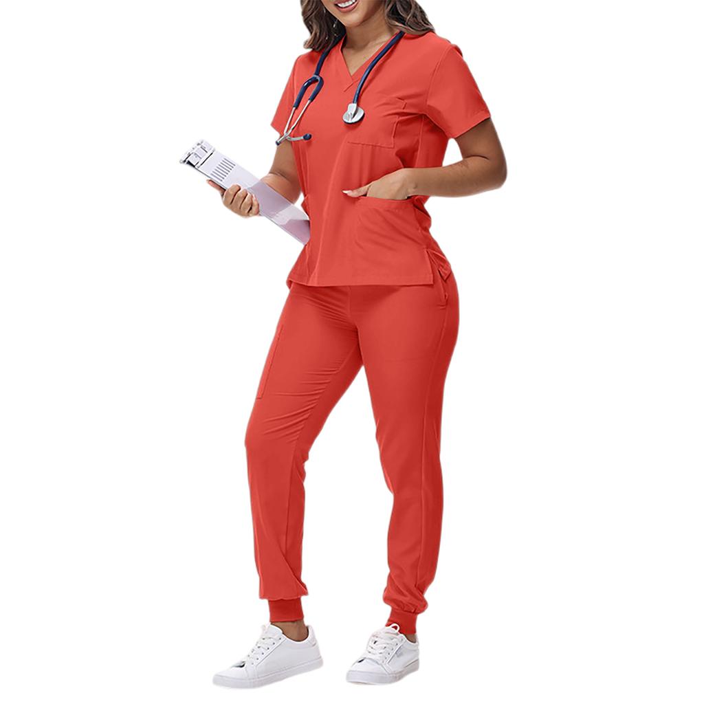 Women's Loose And Comfortable V-neck Short Sleeved Workwear With Tie Up Top And Waist Cinching Beauty Suit Set
