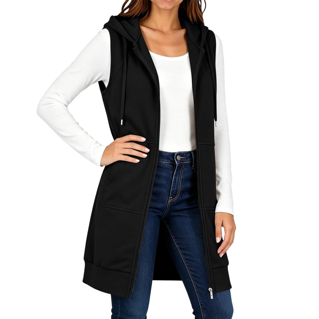 Women's Hooded Sleeveless Long Vest with Pockets - Color Loose Fit Casual Jacket