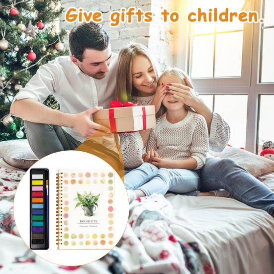 Watercolor Workbook with 12 Colors Pigment Step-by-Step Animal Flower Painting Guide Paper Coloring Book for Learning Techniques Stress Relief