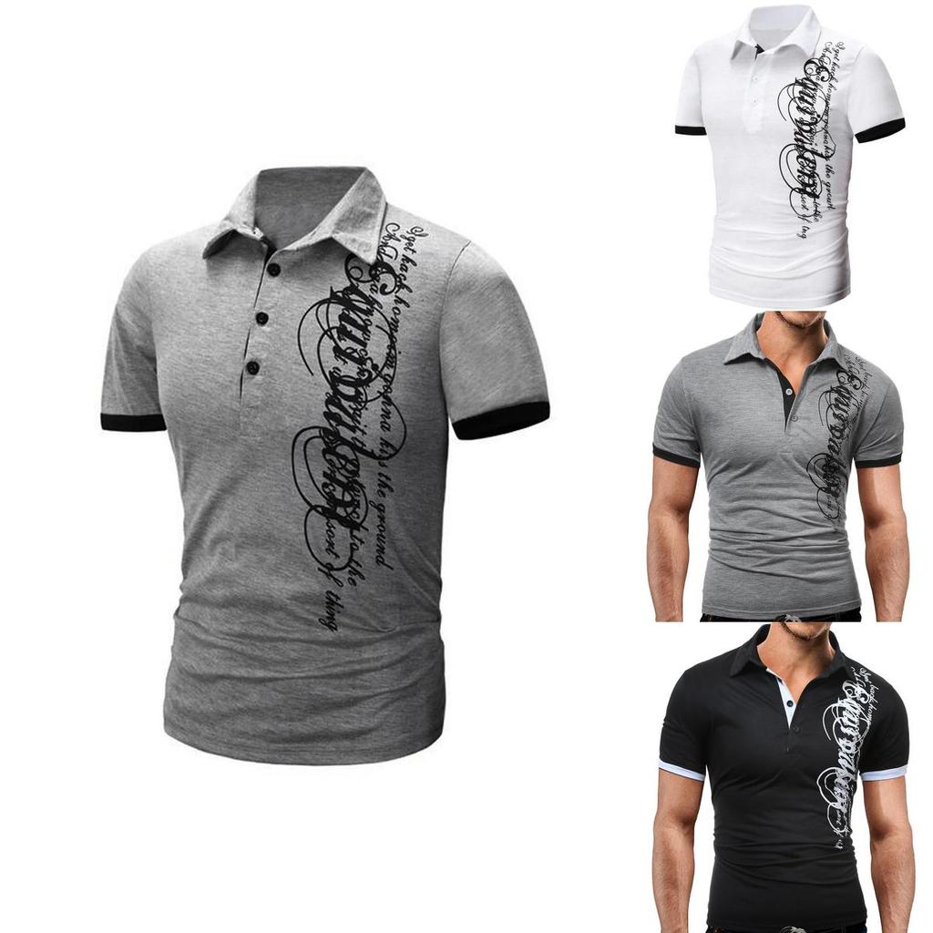 Elegant Men's Fashion Lapel Short Sleeve Blouse Casual Letters Print T-shirt