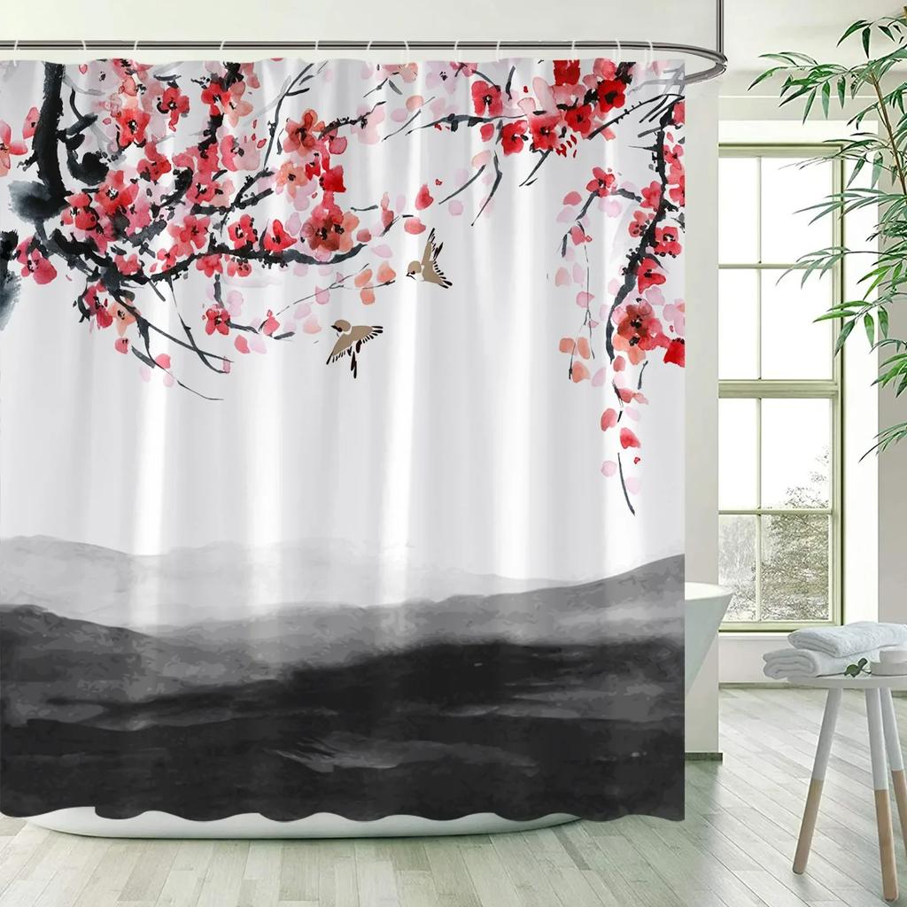 Flower Bird Scenery Shower Curtains Green Bamboo Red Floral Mountain Ink Landscape Bath Curtain Fabric Bathroom Decor with Hooks