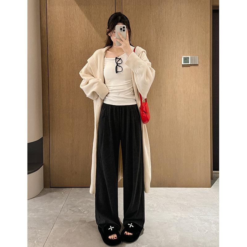 

Glutinous rice pants velvet wide-leg pants children s autumn and winter new high-waisted loose and thin casual pants lazy wind mopping pants XL is suitable for [125-72.5kg] черный серый