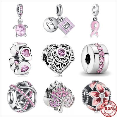 Nový 925 Sterling Silver Růžový Třpytivý Řadový Klip Přívěsek Korálky Vhodné pro Náramky s Přívěsky DIY Dámské Šperky Doplňky