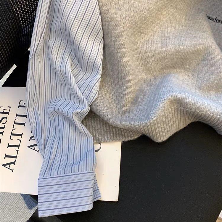 Women's Korean Style Gray Sweater Vest with Striped Faux Two-Piece Shirt