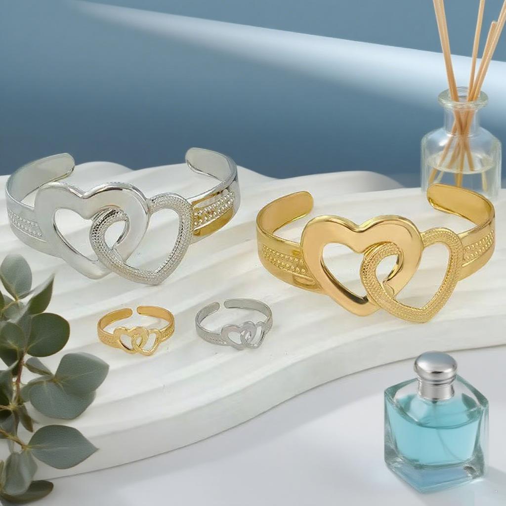 Two-piece set simple hollow love opening bracelet ring jewelry set fashionable daily casual versatile set