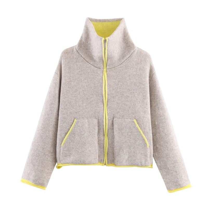 Knitted Bomber Jacket Color Block Casual Cardigan Stand Collar Zip Up Loose Fit Men Women