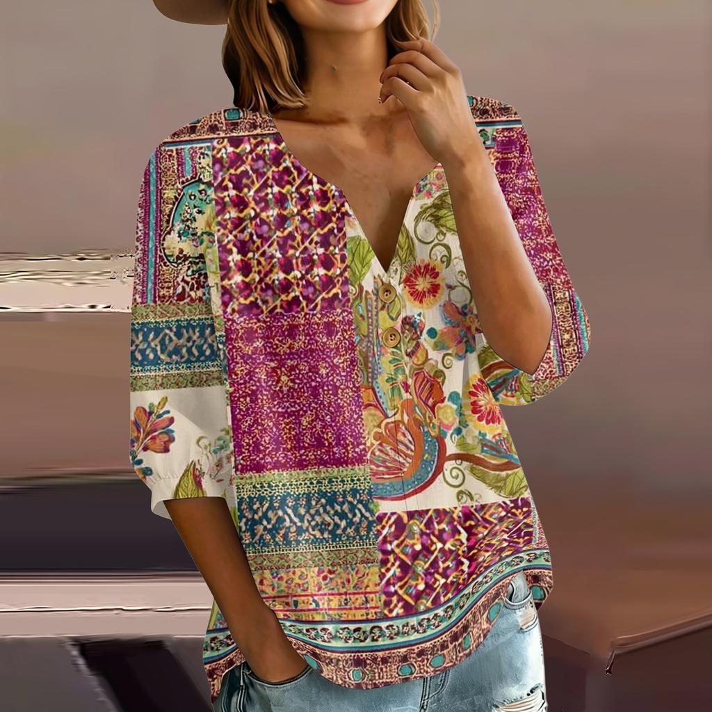Women’s Fashion Printed Patchwork Cotton Linen Henley Shirt with Button Front and Three Quarter Sleeves Relaxed Fit Top