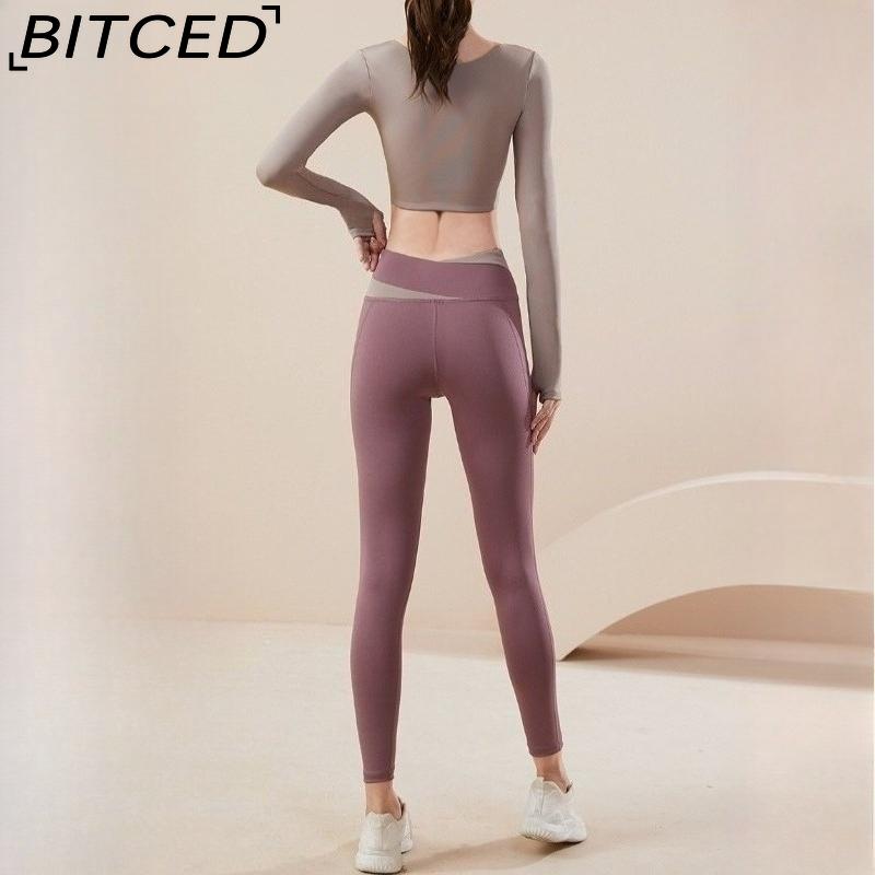 BITCED Color-Block Long Yoga Set Quick-Dry Seamless Nude-Feel Fitness Wear Seamless Slimming Breathable Sports Set
