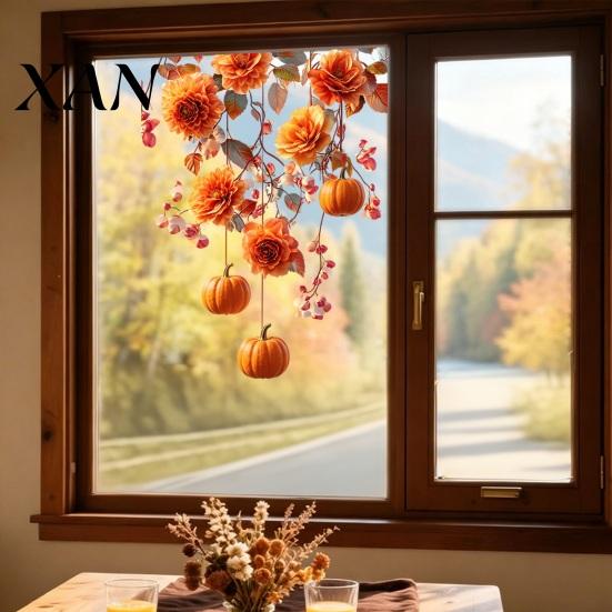 Pumpkin Maple Leaf Stickers Fall Thanksgiving Static Window Clings, Autumn Floral Glass Atmosphere Wall Decor Decals, Removable Harvest Season