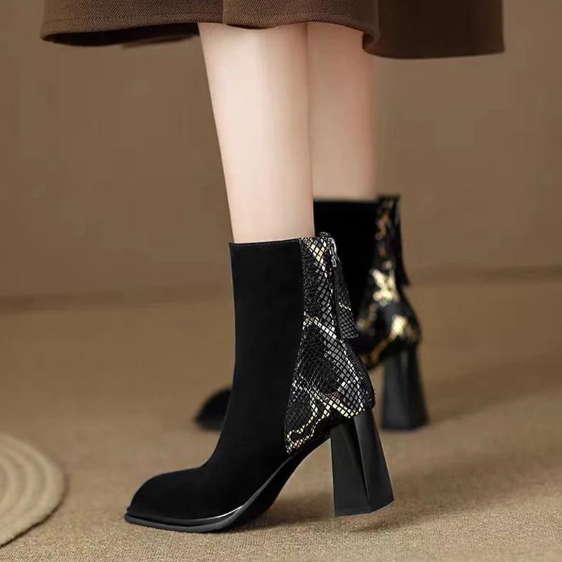 Women Suede Square Toe Ankle Boots Elegant High Heels Shoes Woman 2025 Trend Winter Dress New Pumps Motorcycle Boots Mujer Botas
