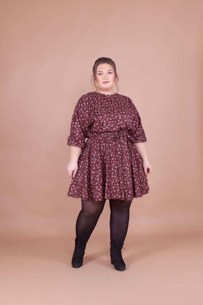Women's Big Size Dress Plus Size Burgundy Velvet Floral Patterned Bat Sleeve Dress