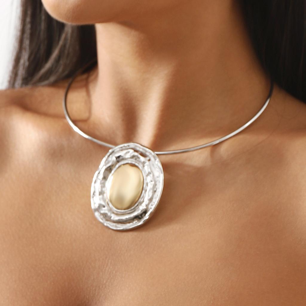 Tooxika Patchwork Oval Mirror Necklace Metal Colour Blocking Pendant Necklace Collar